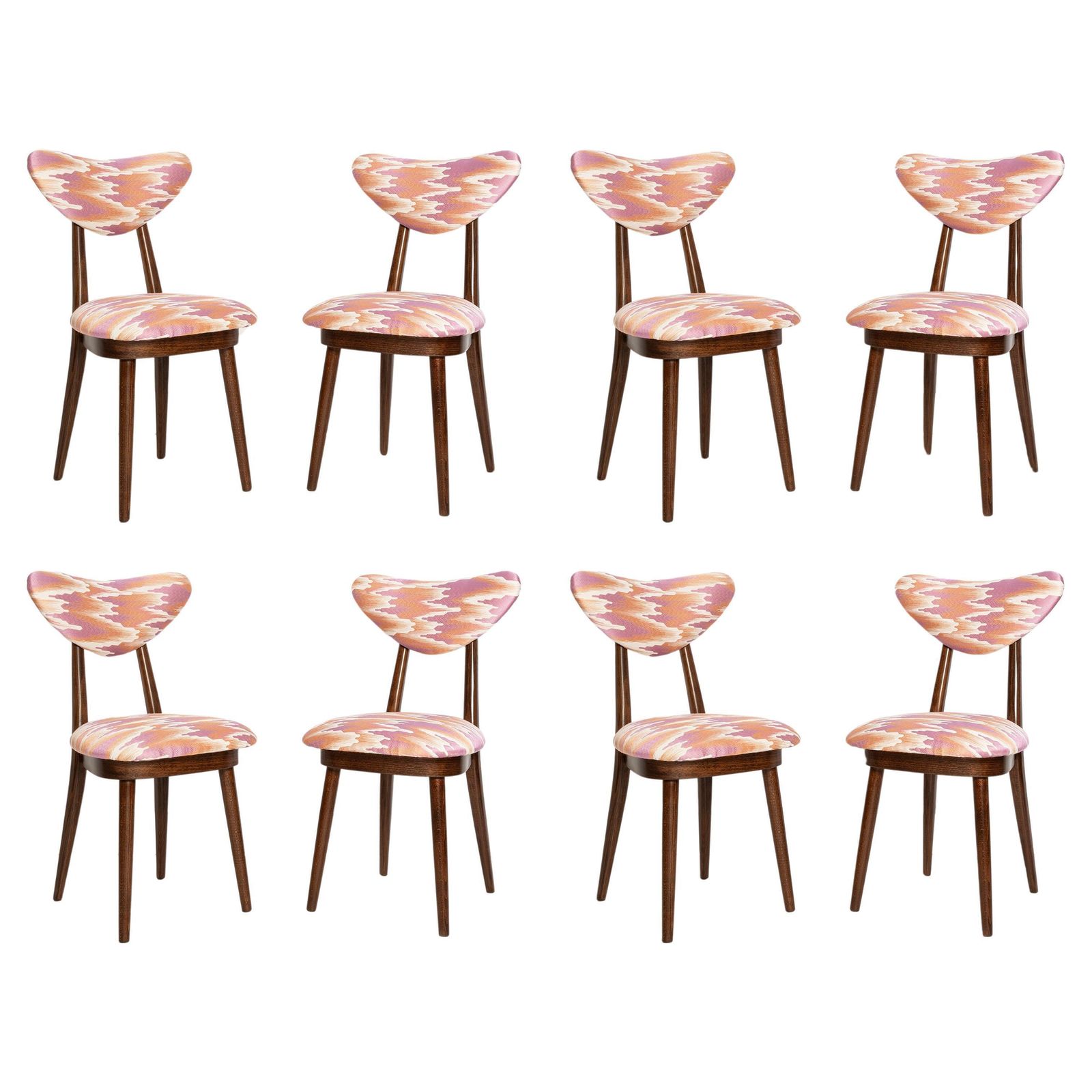 Set Van Acht Mid Century Stoelen Met Hartvormige Rug, Roze Fandango Jacquard, Europa, Ca. Jaren 1960