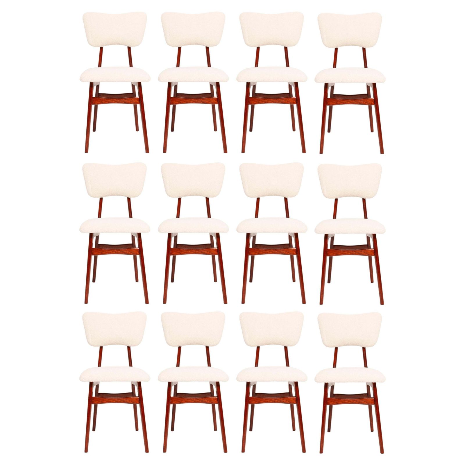 Twaalf 20e Eeuwse Crème Bouclé En Kersenhout Vlinterstoelen, Jaren 1960, Europa