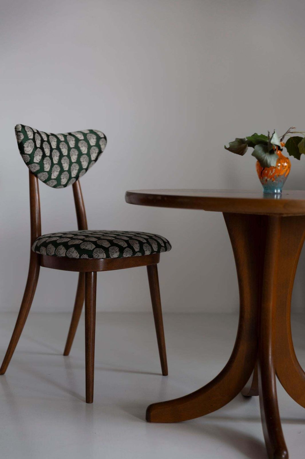 Ten Midcentury David Print Emerald Satin, Dark Wood Heart Chairs, Europe, 1960s photo 5953.0