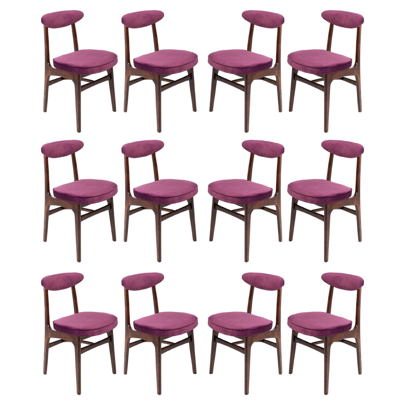 Twelve 20th Century Plum Violet Velvet Rajmund Halas Chairs, Europe, 1960s