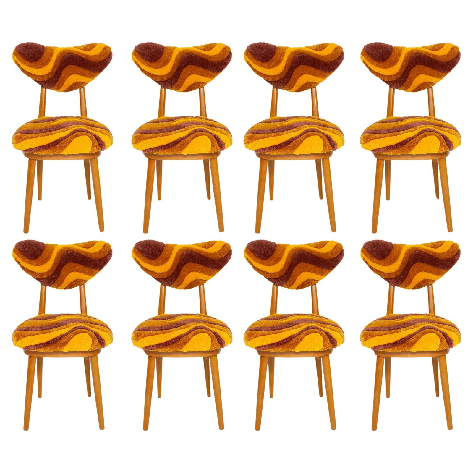 Acht Mid Century Stoelen Met Hartvormige Rug, Handgeknoopte Gele Wollen Bekleding, Europa, Polen, Jaren 1960