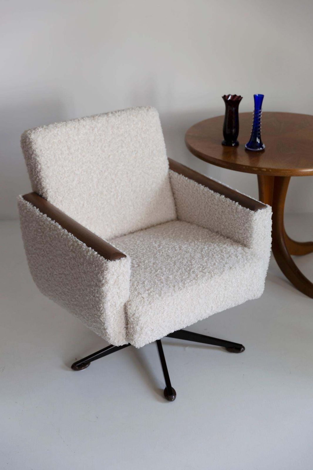 Pair Of Midcentury Light Faux Fur Bouclé Swivel Armchairs, Europe, 1960s photo furniture