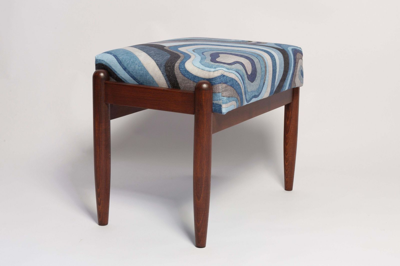 Blue Linen Mid Century Gfm Stool, Edmund Homa, Europe, 1960s photo furniture