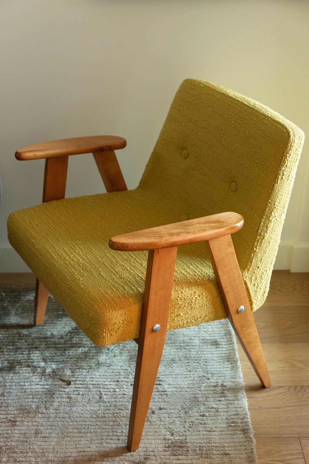 Midcentury 366 Club Armchair In Yellow Boucle, Jozef Chierowski, Europe, 1960s photo vinterior