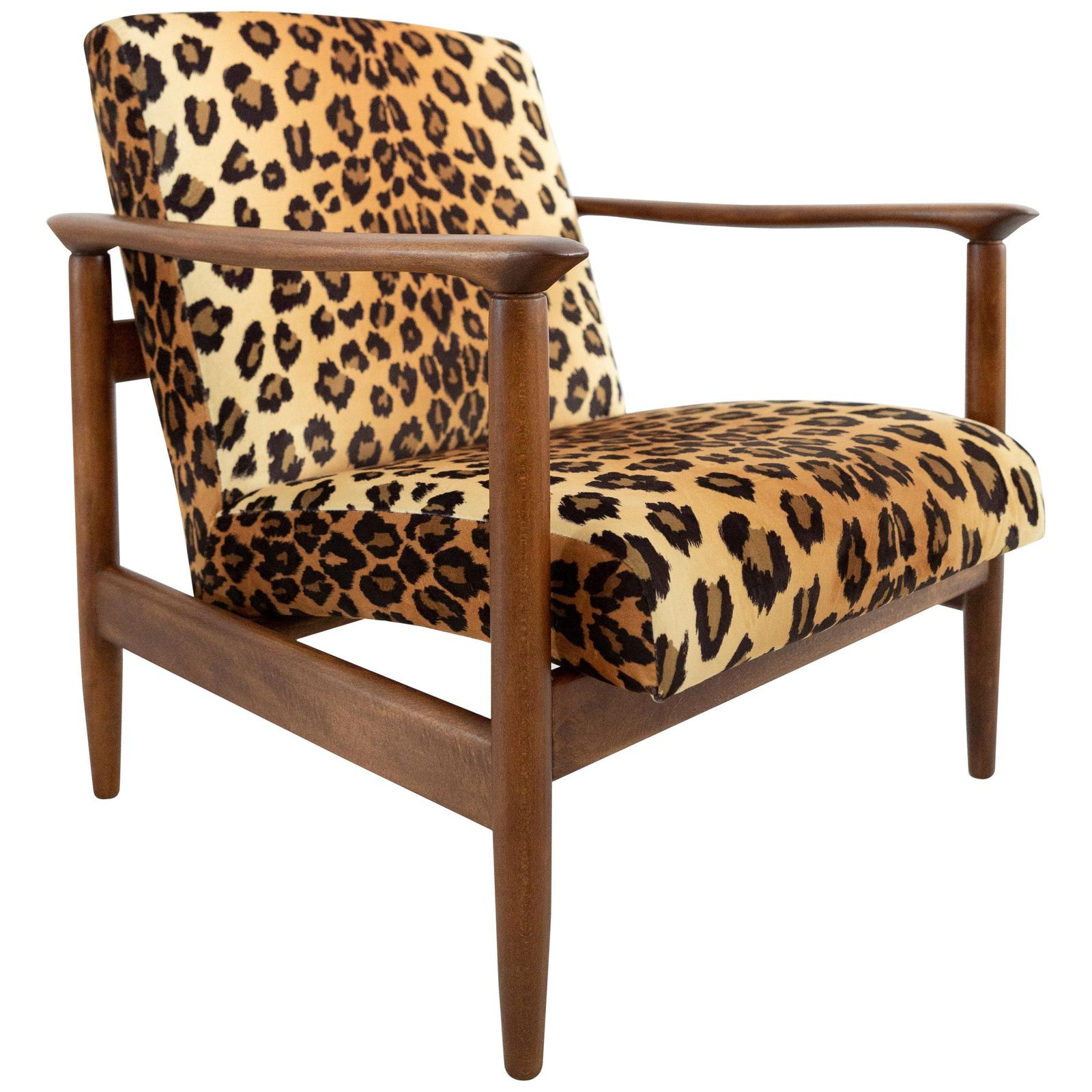 Fauteuil Met Luipaardprint Fluweel, Licht Hout, Edmund Homa, Gfm 142, Jaren 1960, Polen