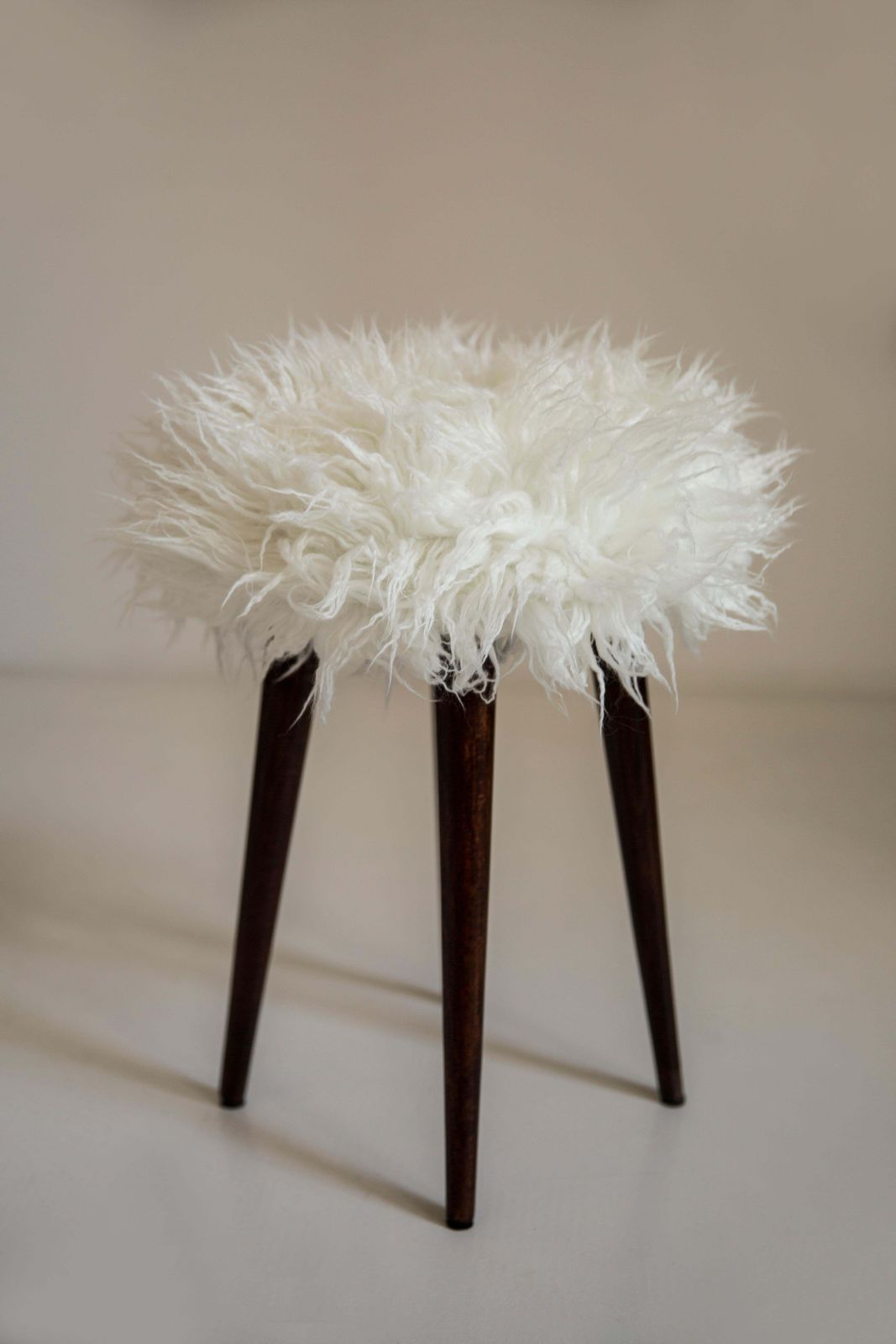 Mid Century Alpaca White Faux Fur Stool, Europe, 1960s photo vintage