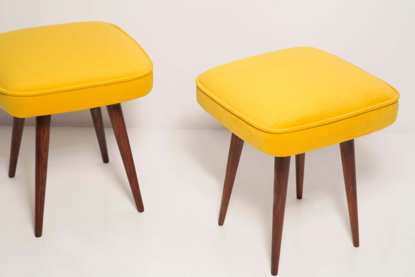 photo for sale Mid Century Mustard Yellow Velvet Foot Stool, Poland, 1960s