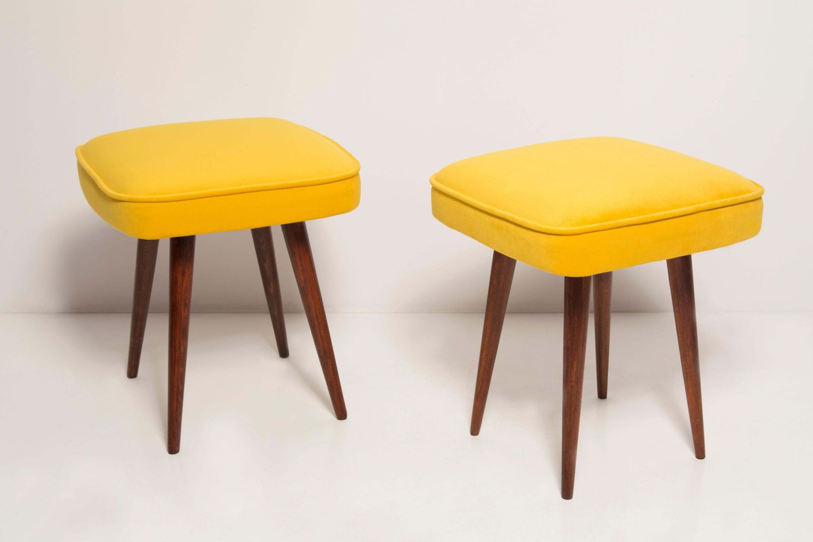 Furniture Mid Century Mustard Yellow Velvet Foot Stool, Poland, 1960s photo