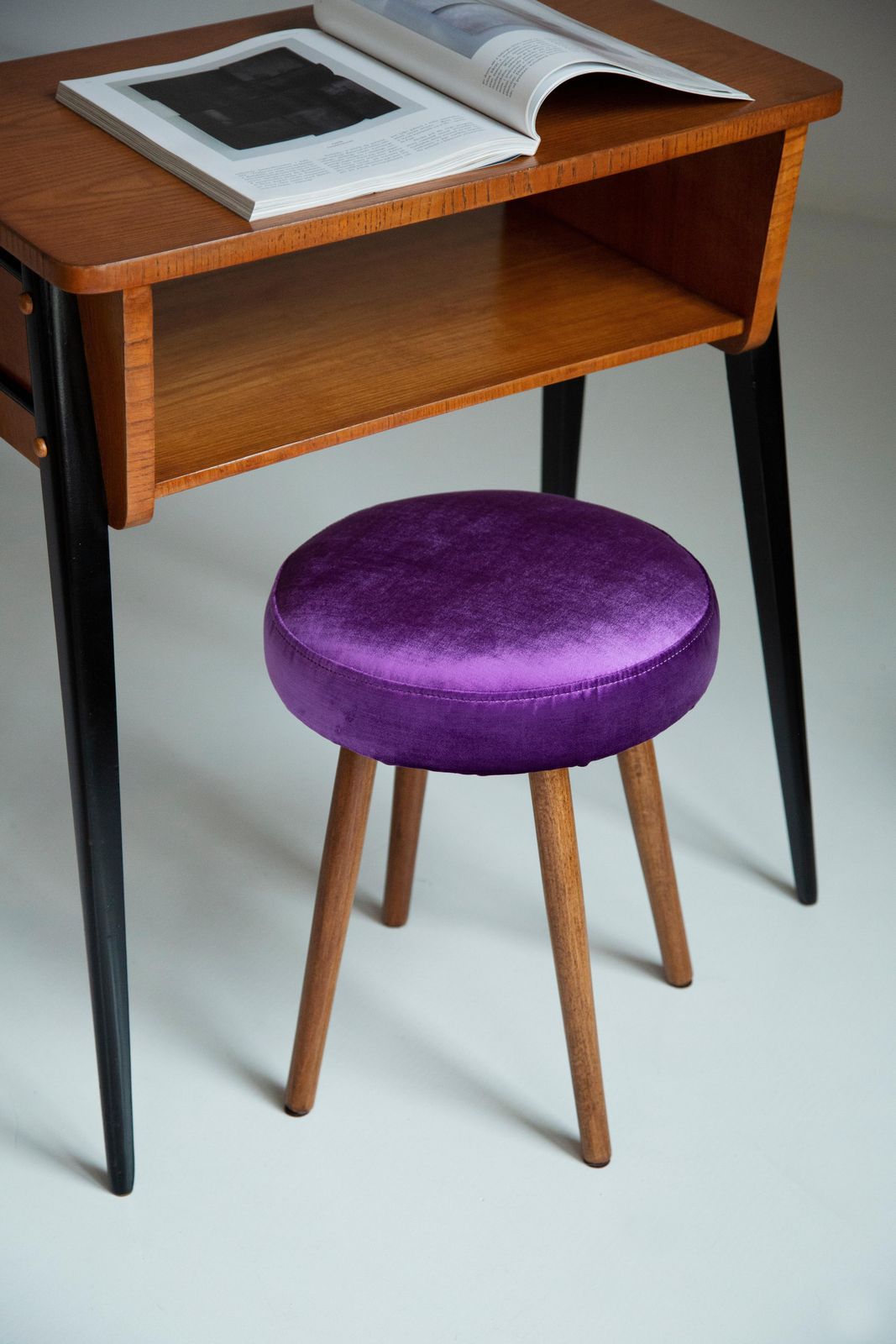 Mid Century Glossy Purple Velvet Stool, Europe, 1960s photo furniture