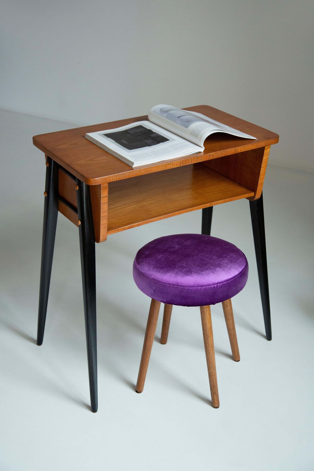 Mid Century Glossy Purple Velvet Stool, Europe, 1960s photo for sale