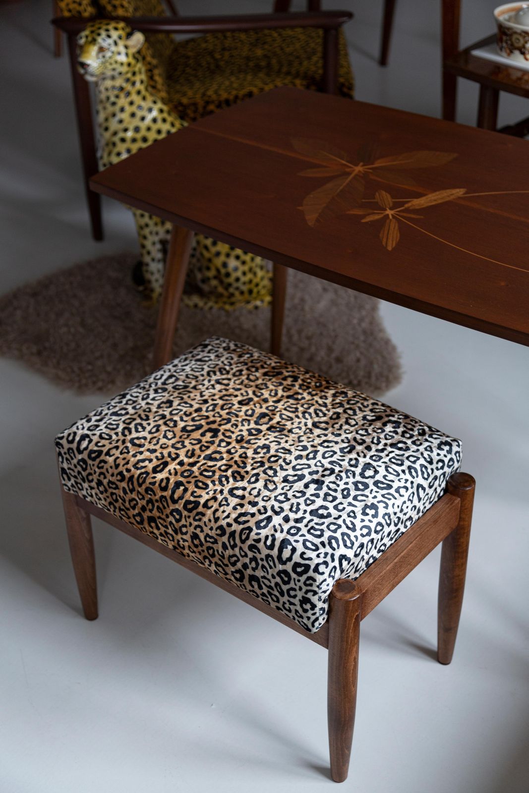 Midcentury Vintage Leopard Velvet Stool, Edmund Homa, Europe, 1960s photo for sale
