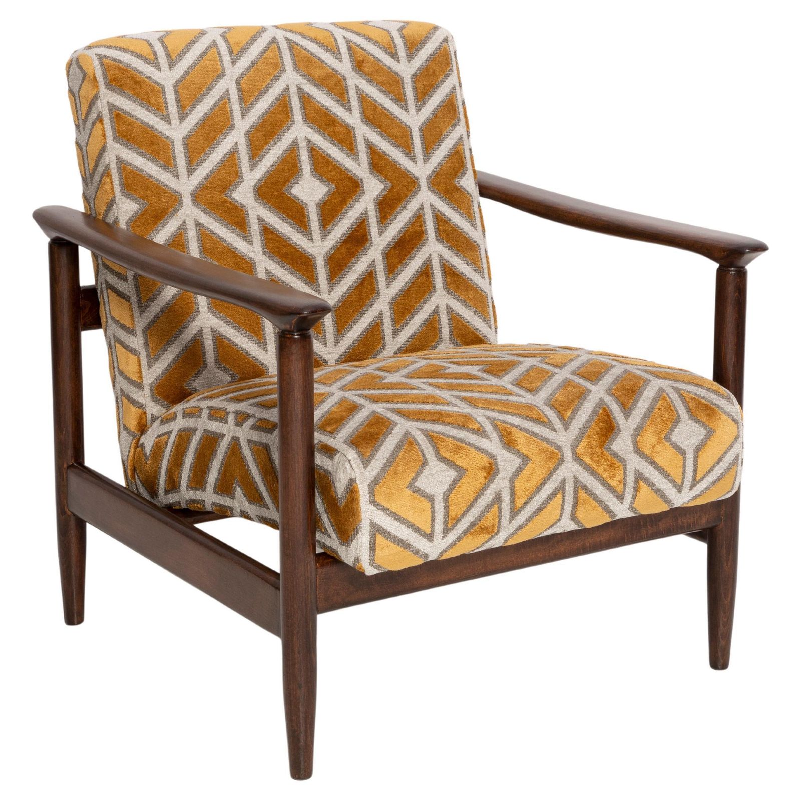 Mid Century Pattern Velvet Mustard Armchair, By Edmund Homa, Europe, 1960s.