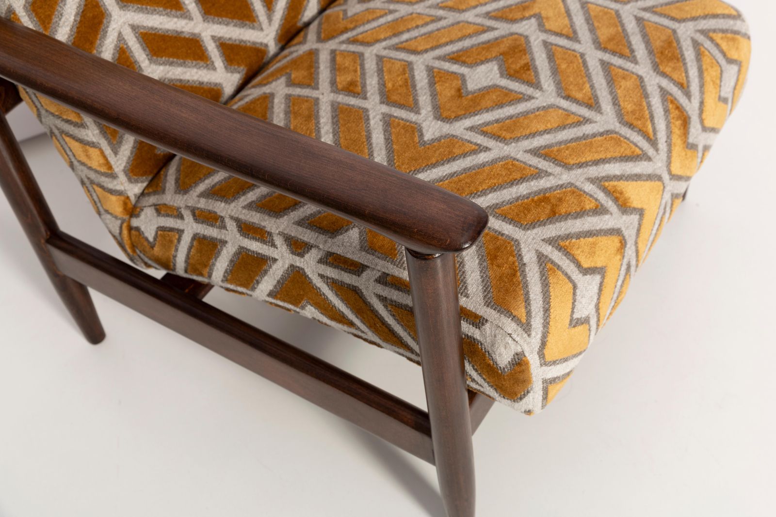 Mid Century Pattern Velvet Mustard Armchair, By Edmund Homa, Europe, 1960s. photo for sale