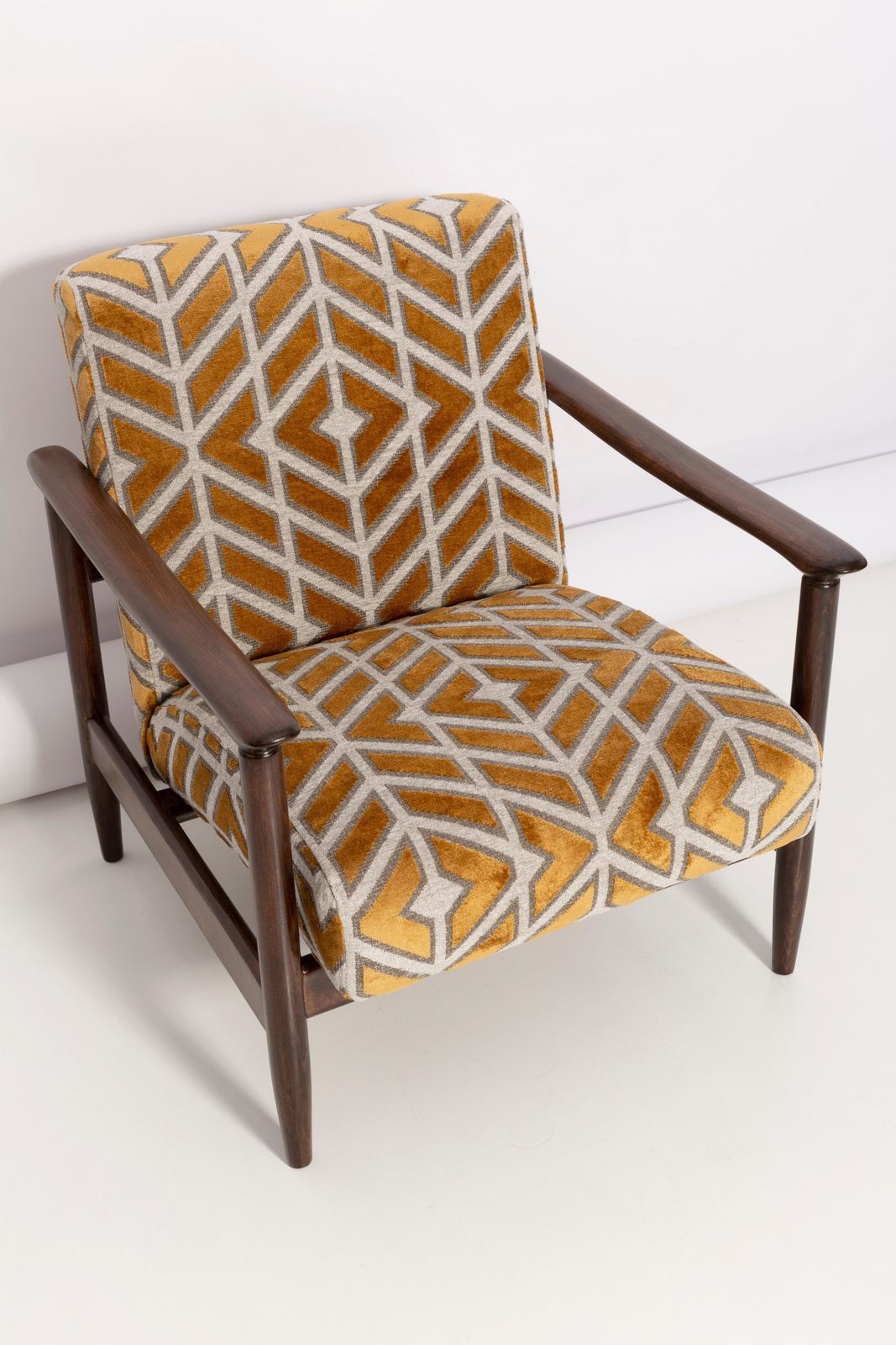 Furniture Mid Century Pattern Velvet Mustard Armchair, By Edmund Homa, Europe, 1960s. photo