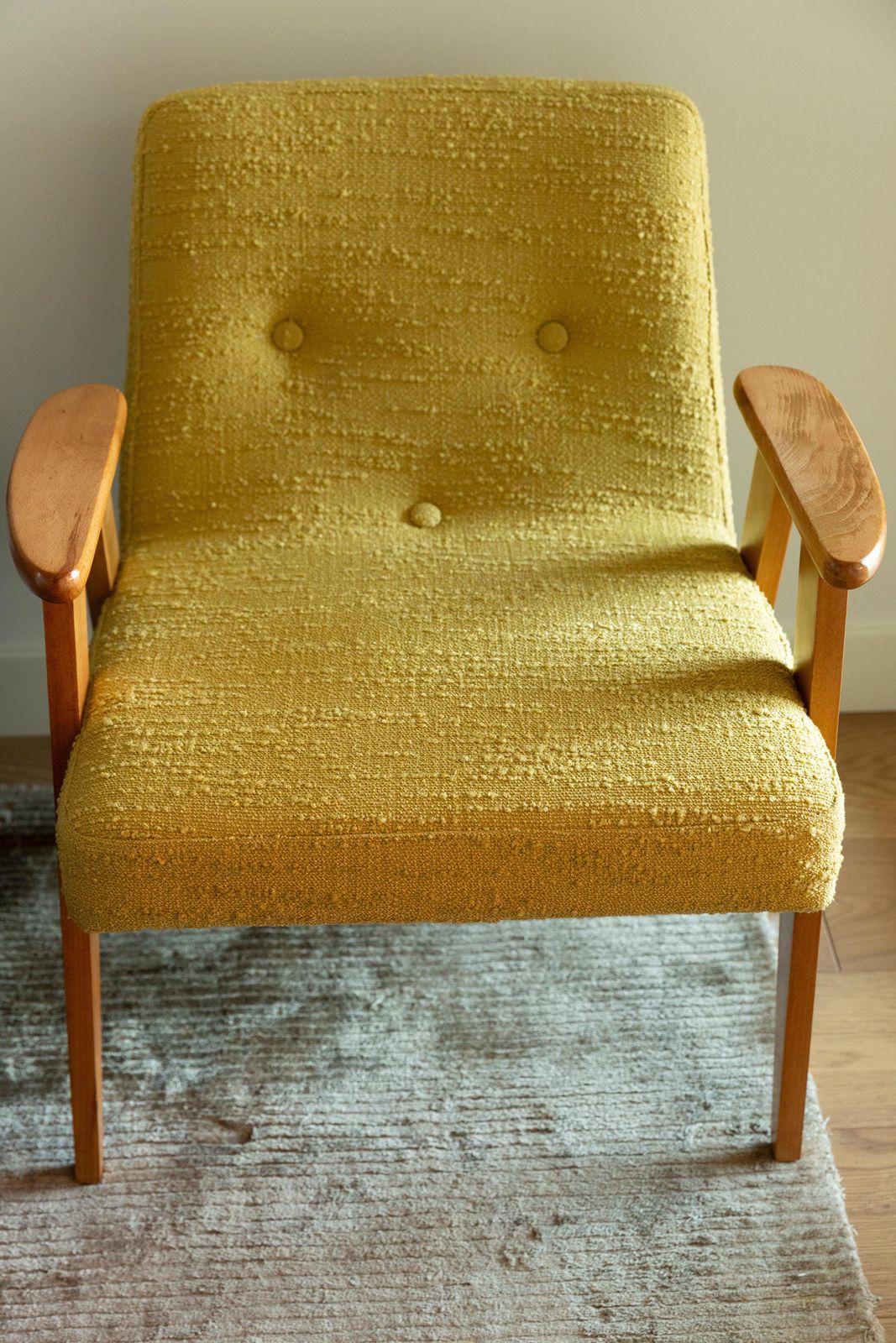 Pair Of Midcentury 366 Club Armchairs In Yellow Boucle, Europe, 1960s photo vintage