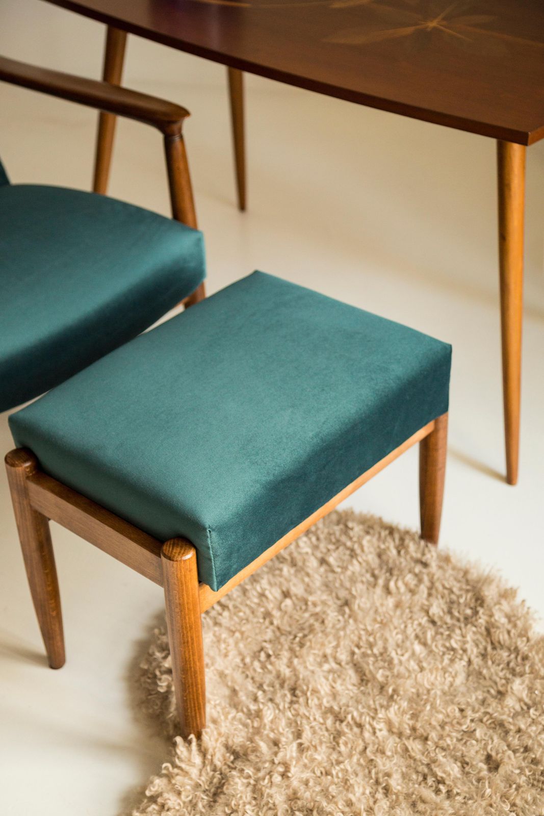 Set Of Petrol Blue Vintage Armchair And Stool, Edmund Homa, 1960s photo Furniture