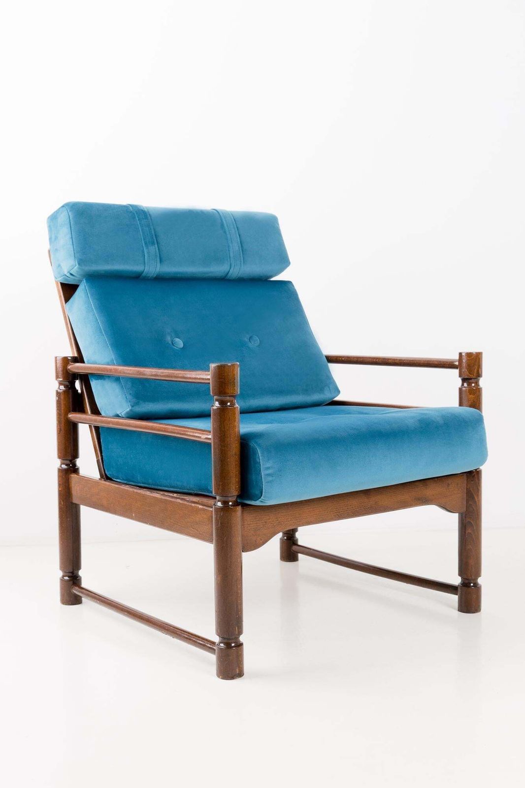 Pair Of Petrol Blue Armchairs, 20th Century, Beech Wood, Poland photo for sale