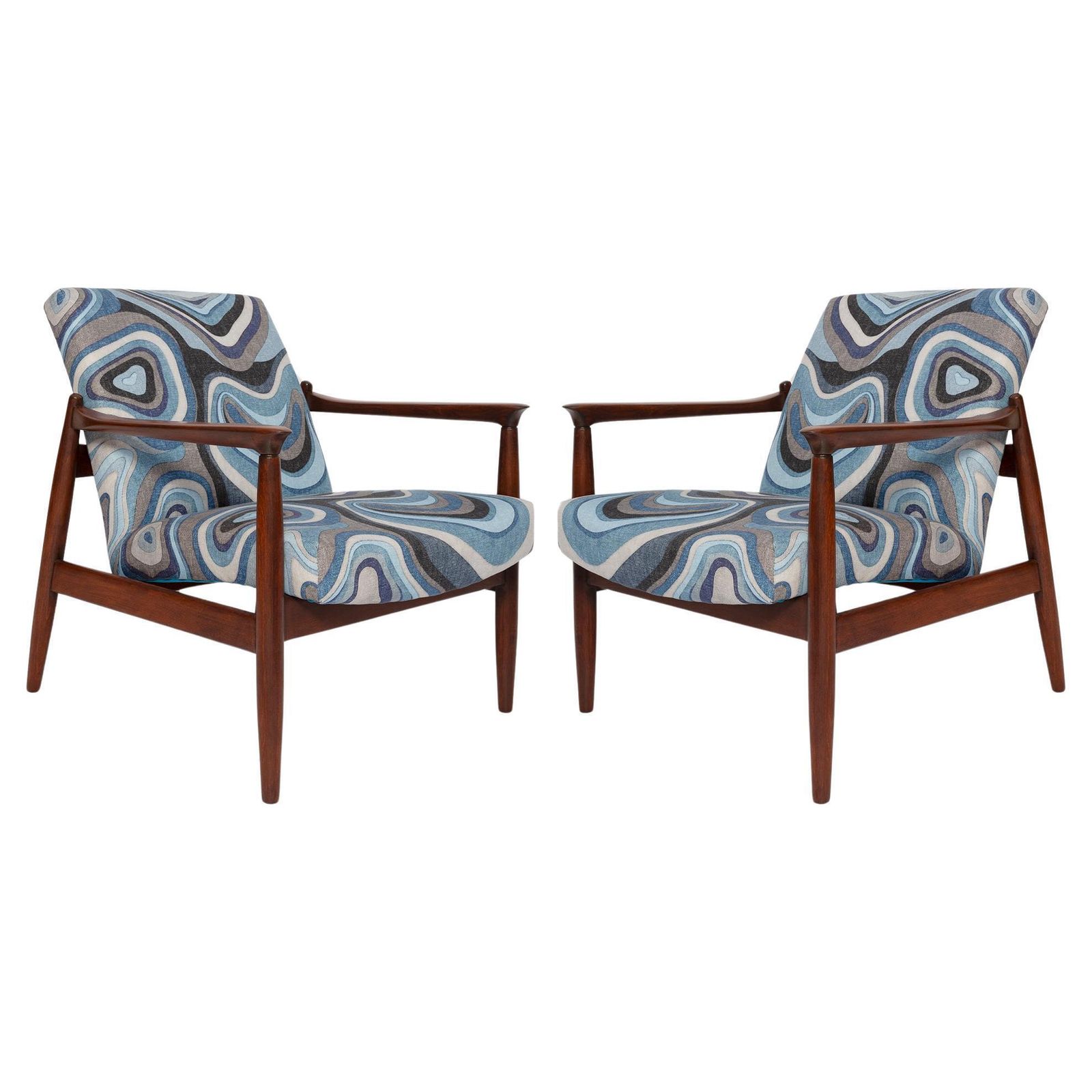 Set Van Twee Blauwe Linnen Mid Century Gfm 64 Fauteuils, Edmund Homa, Europa, Jaren 1960