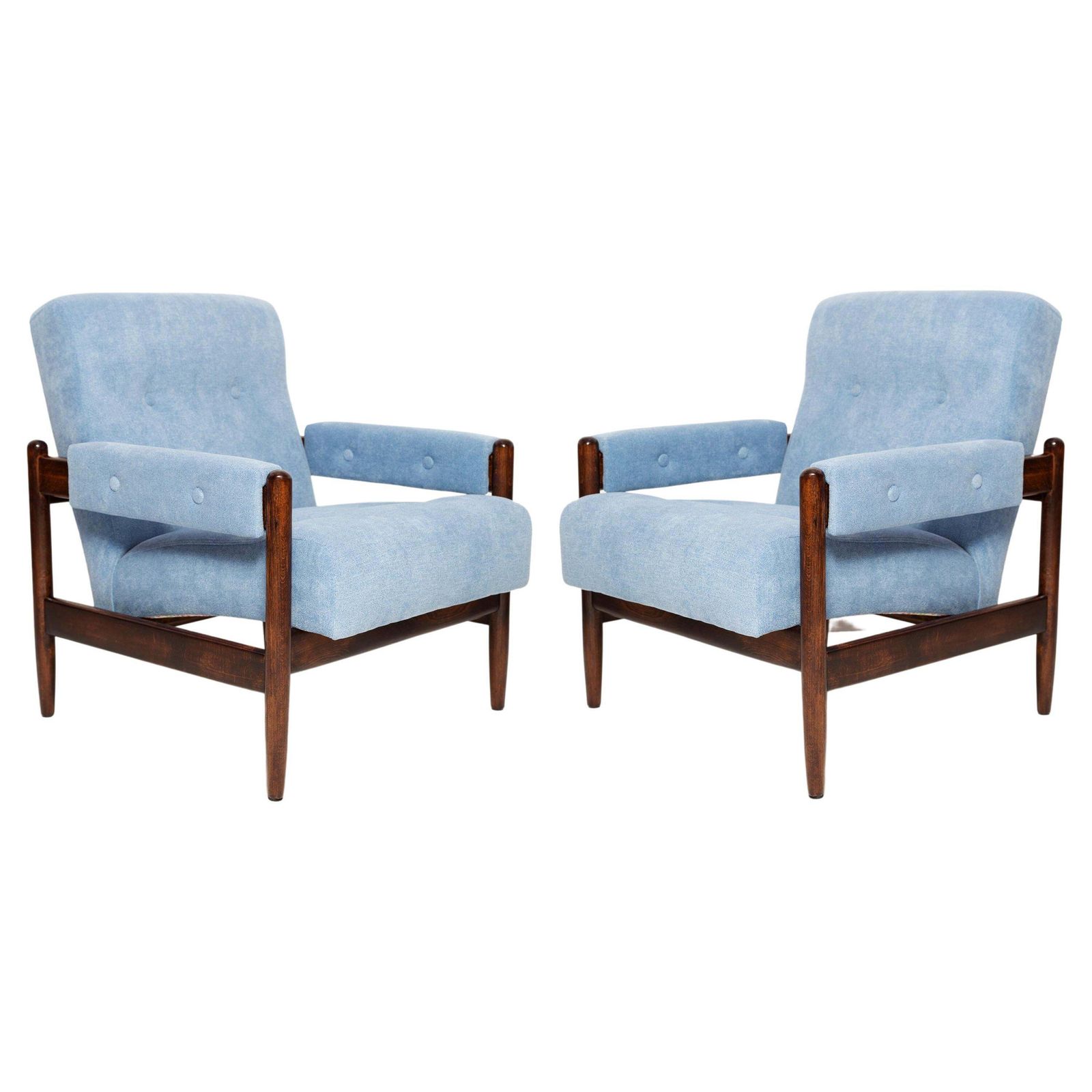 Set Van Twee Mid Century Blauwe Velours Fauteuils, Walnouthout, Europa, Jaren 1960