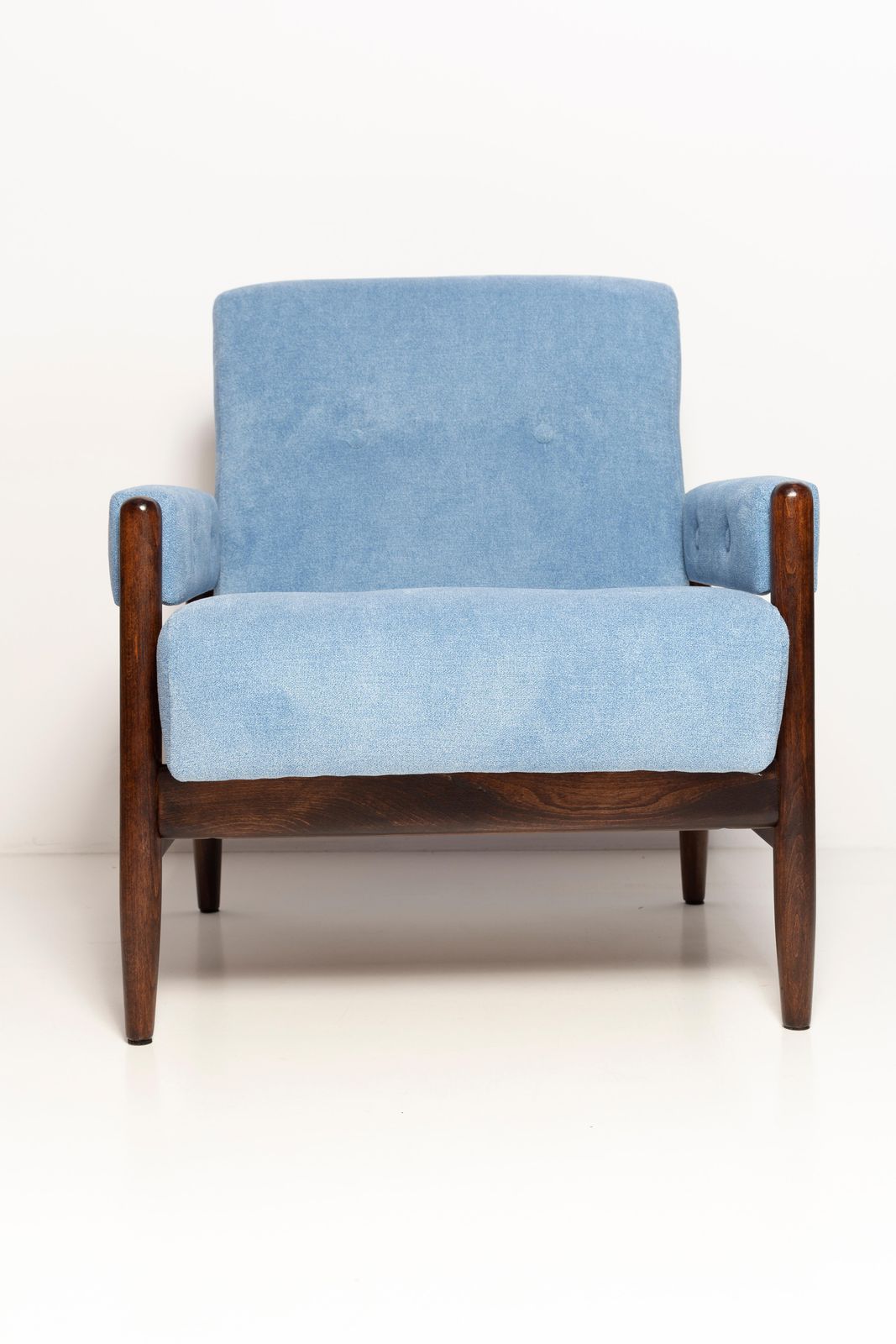 Set Of Two Mid Century Blue Velvet Vintage Armchairs, Walnut Wood, Europe, 1960s photo vinterior