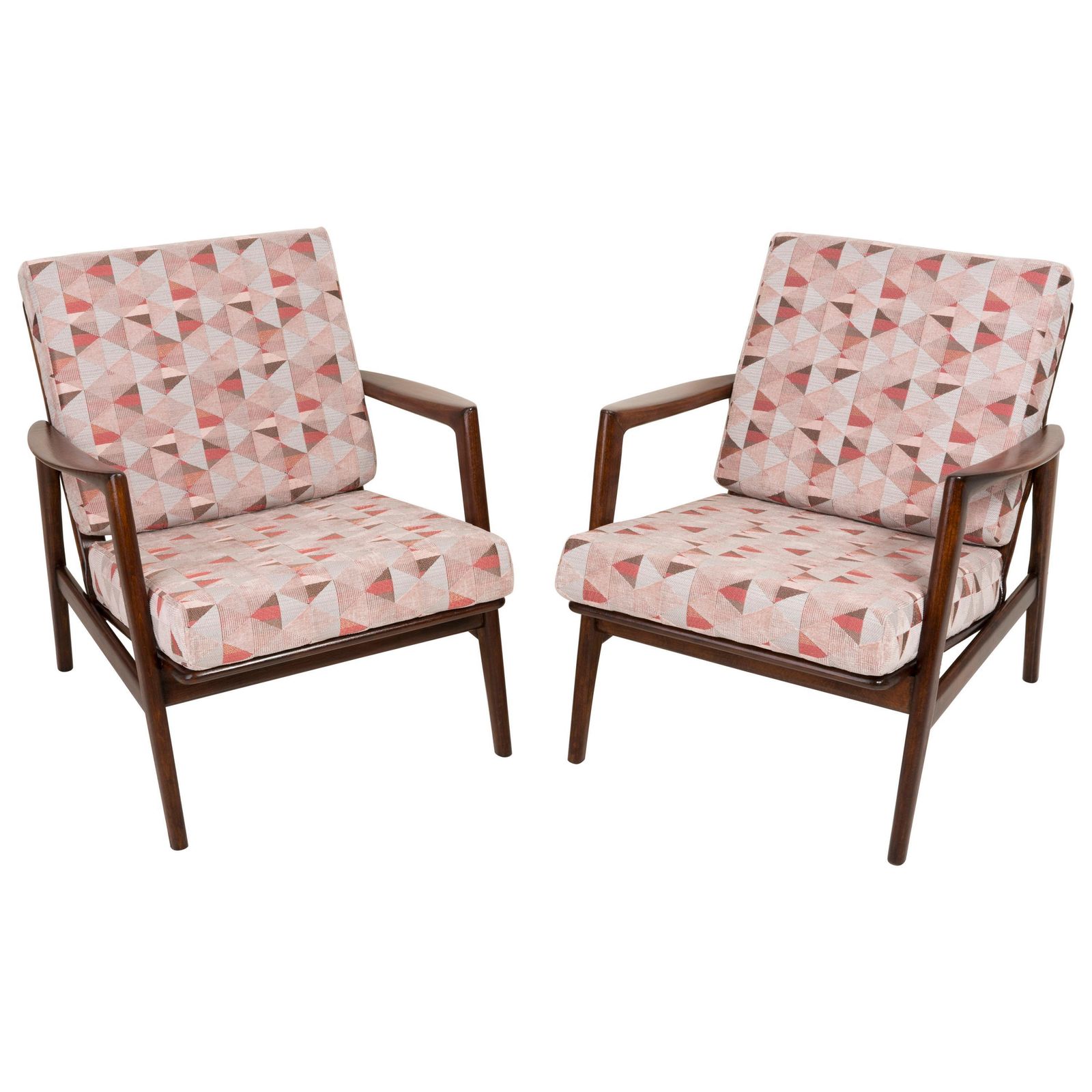 Pair Of Geometric Pink Print Velvet Armchairs, 1960s, Poland