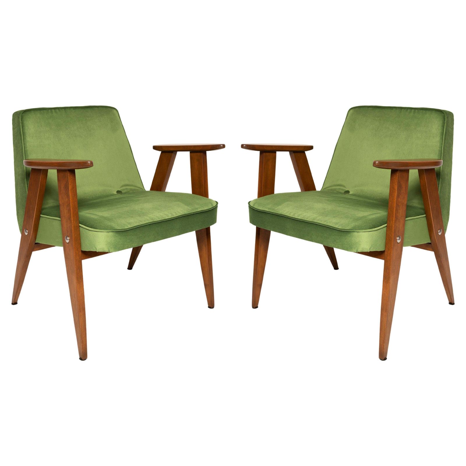 Paar Mid Century 366 Fauteuils In Groen Velours, Jozef Chierowski, Europa 1960