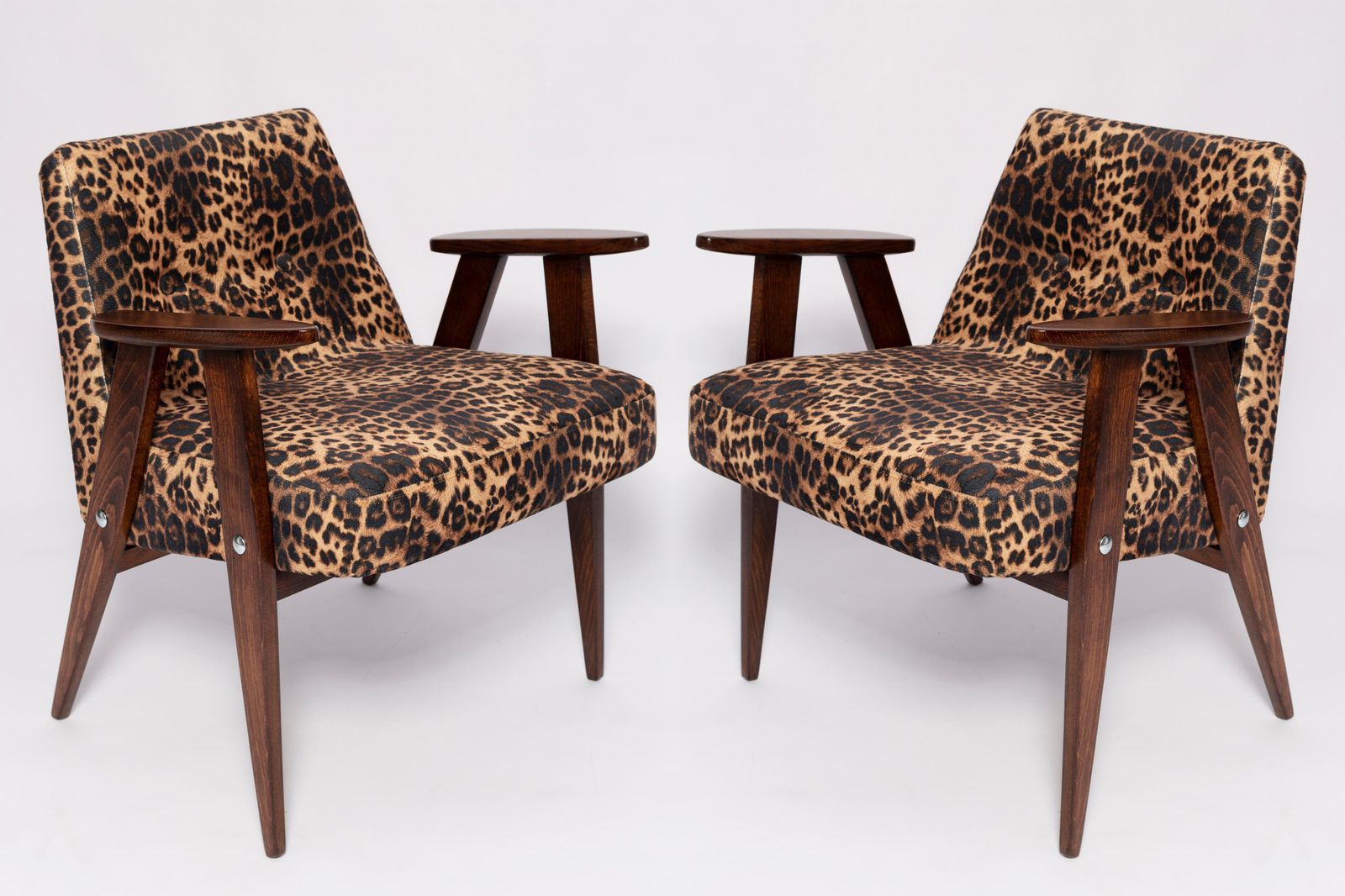 Two Midcentury 366 Armchairs In Leopard Print Velvet, Jozef Chierowski, 1960s photo furniture