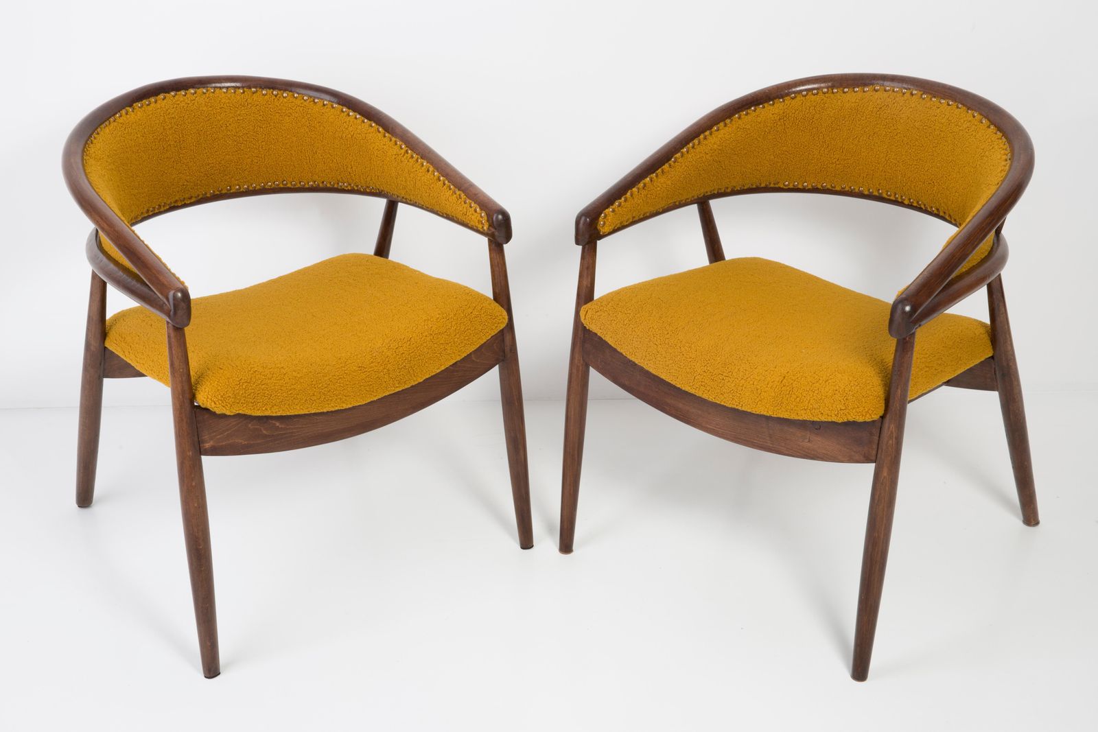 Set Of Two James Mont Bent Beech Armchairs, Yellow Ochra Boucle, 1960s photo furniture