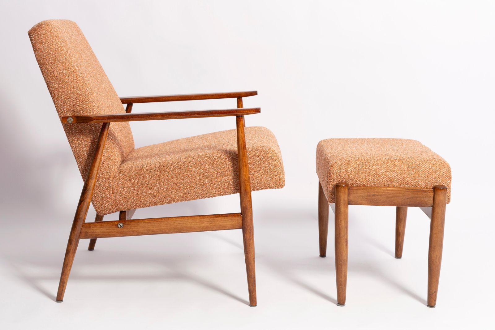 Set Of Two Mid Century Melange Orange Dante Armchairs And Stools, H. Lis, 1960s photo for sale