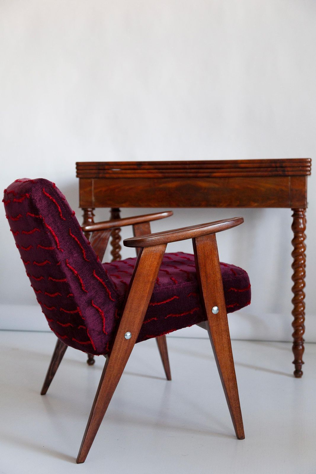 Pair Of Mid Century 366 Armchairs, Dark Velvet, By J Chierowski, Europe, 1960s photo furniture