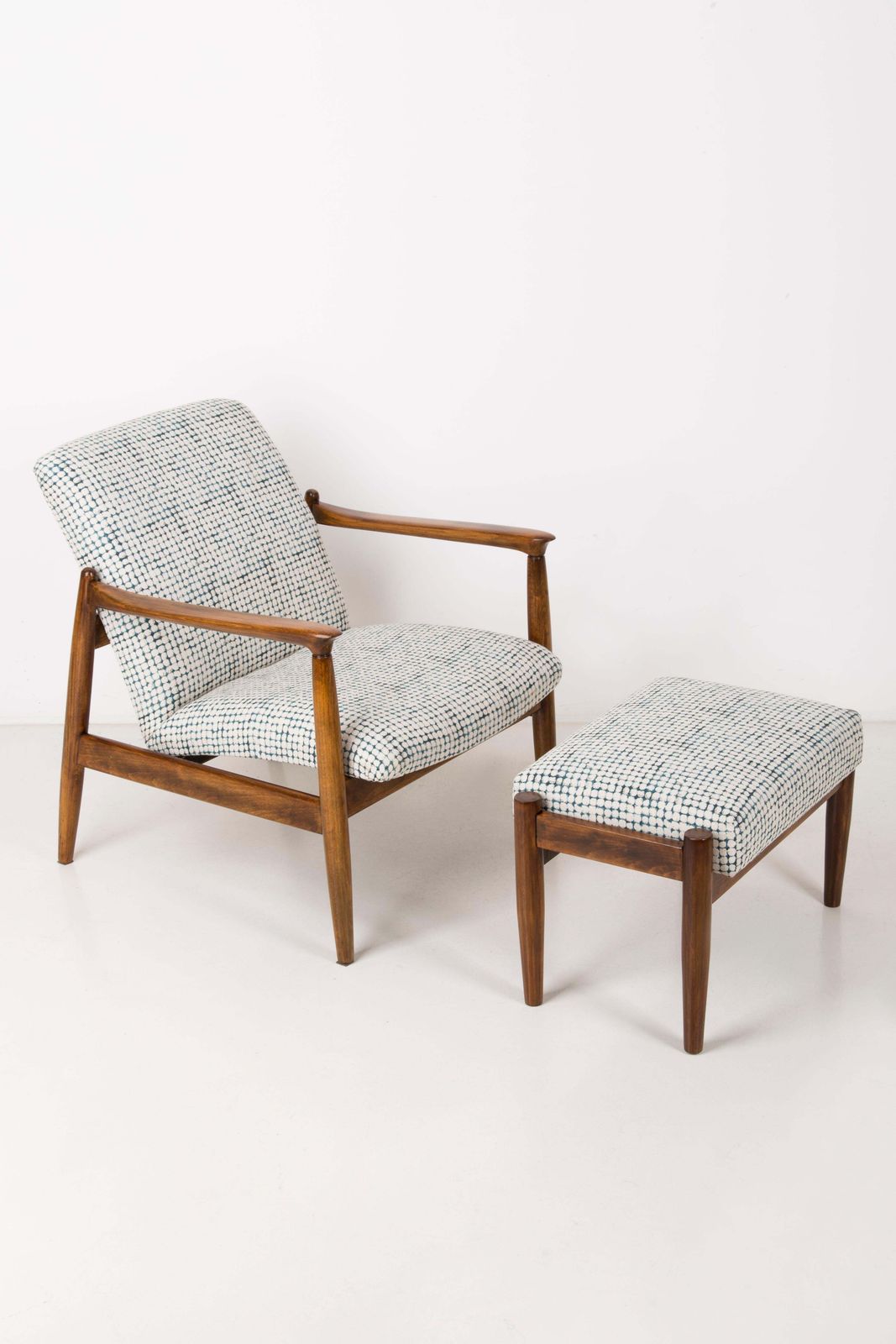 Set Of White And Aqua Vintage Armchairs And Stools, Edmund Homa, 1960s photo furniture