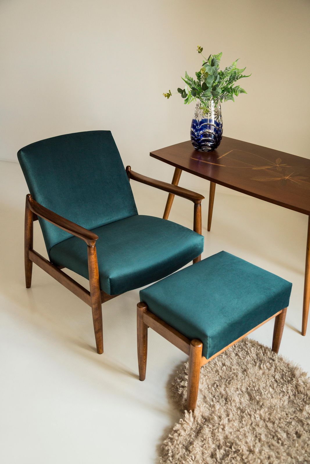 Set Of Petrol Blue Vintage Armchairs And Stools, Edmund Homa, 1960s photo furniture