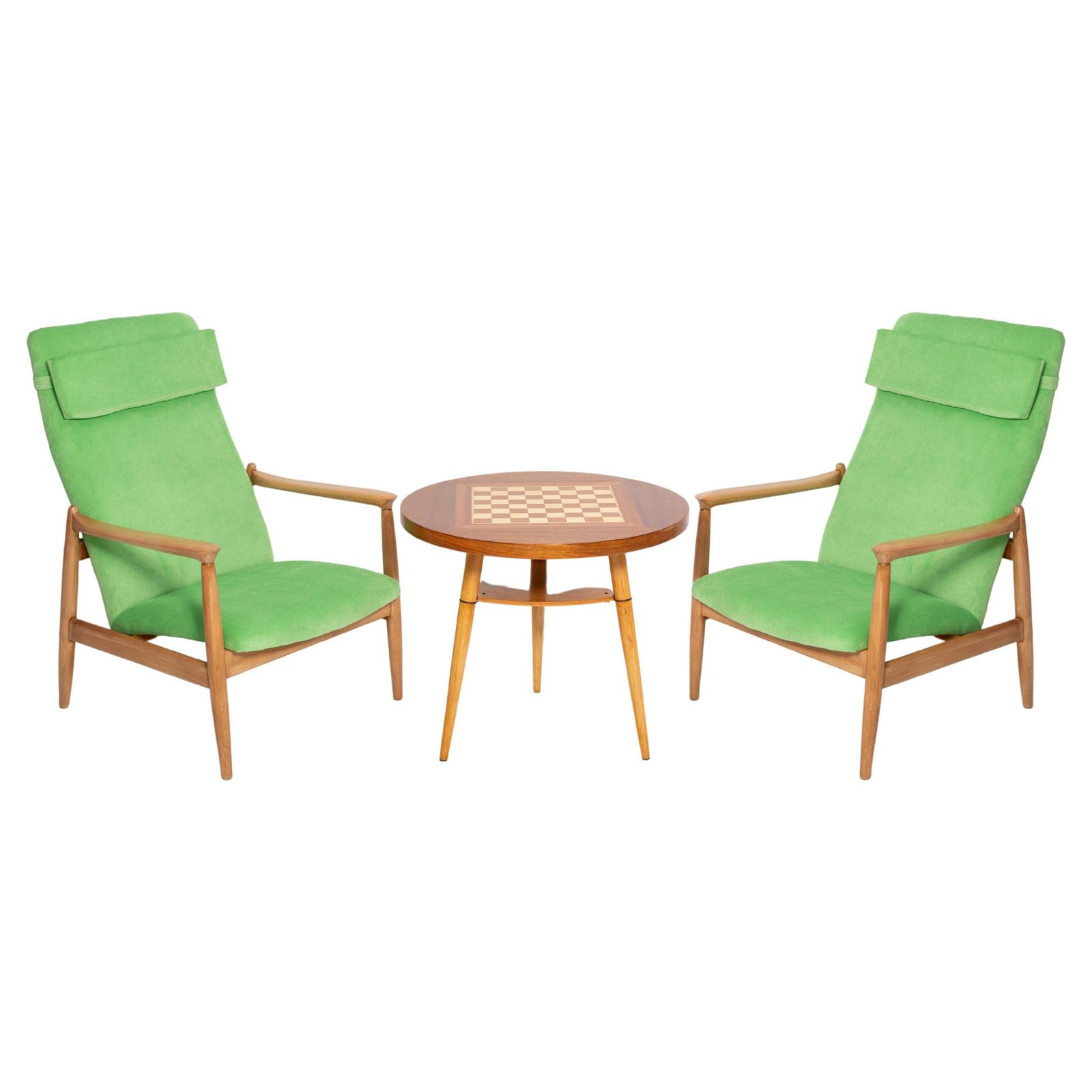 Set Of Green Armchairs By E. Homa And Chess Table, Europe, 1960s