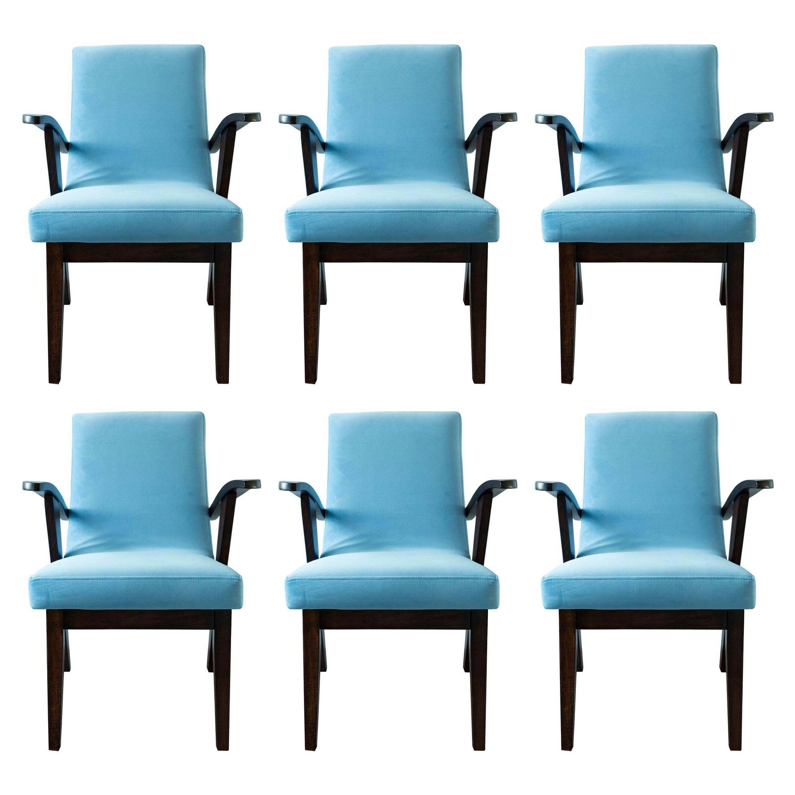Set Of Six 20th Century Armchairs In Baby Blue Velvet, Mieczyslaw Puchala, 1960s