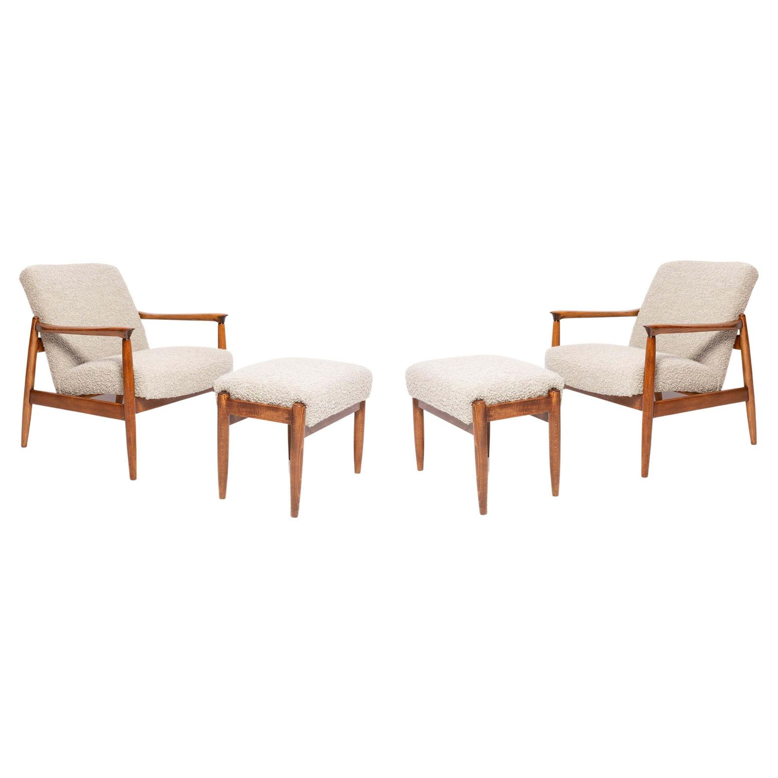 Midcentury Gray Alpaca Wool Armchairs And Stools, Edmund Homa, Poland, 1960s