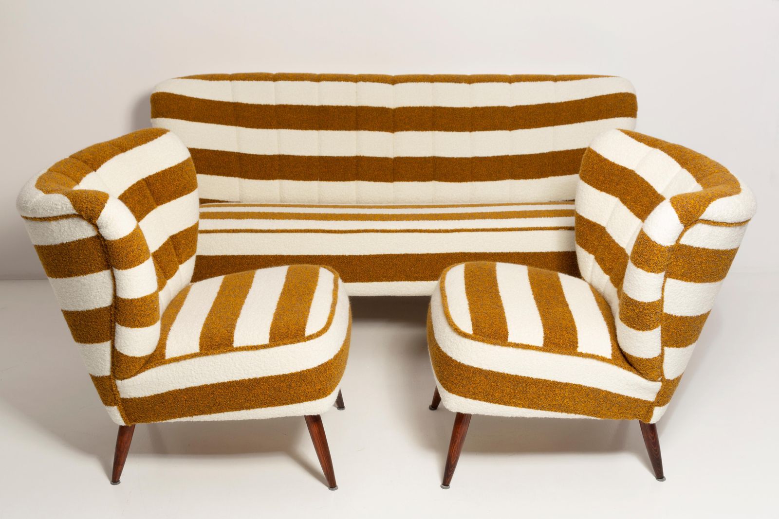 Set Of Mid Century White And Mustard Boucle Sofa And Armchairs, Europe, 1960s photo vinterior
