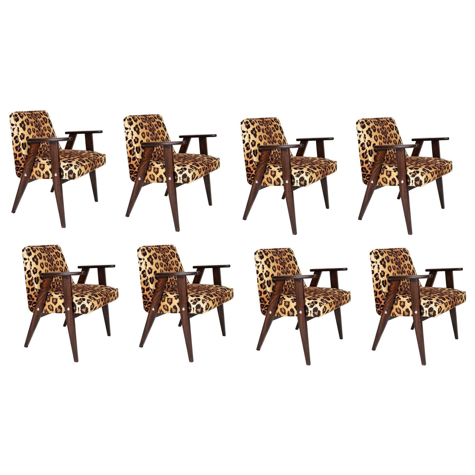 Eight Midcentury 366 Armchairs In Leopard Print Velvet, Jozef Chierowski, 1960s