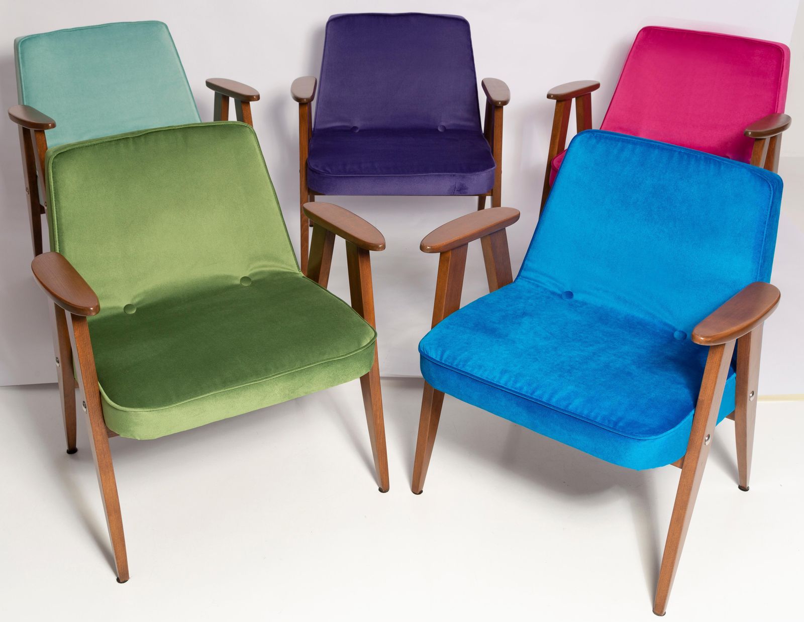 Set Van Zes Mid Century 366 Fauteuils, Fluweel, Jozef Chierowski, Europa 1960 photo for sale