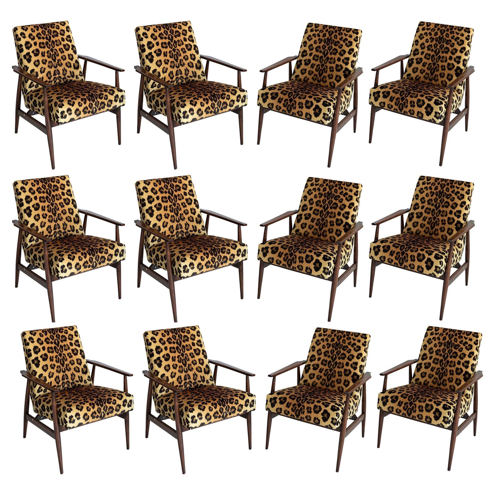 Set Of Twelve Midcentury Leopard Print Velvet Dante Armchairs, H. Lis, 1960s