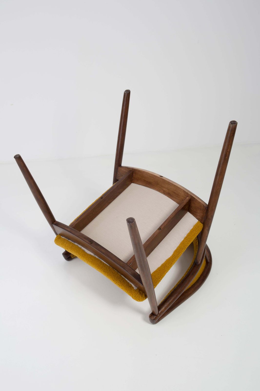 photo furniture Mid Century James Mont Bent Beech Armchair, Yellow Ochra Boucle, 1960s