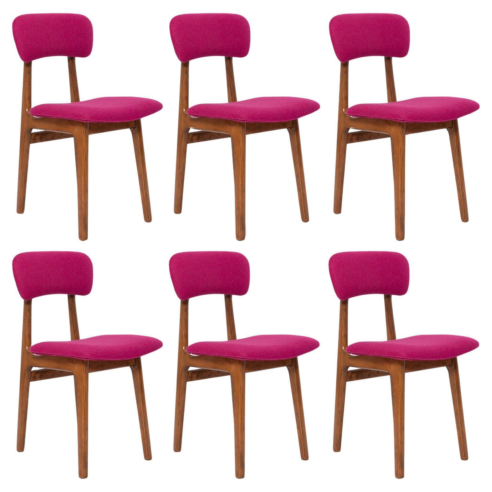 Set Van Zes Mid Century Stoelen Met Fuchsiaroze Wollen Bekleding, Rajmund Halas, Europa, Jaren 1960