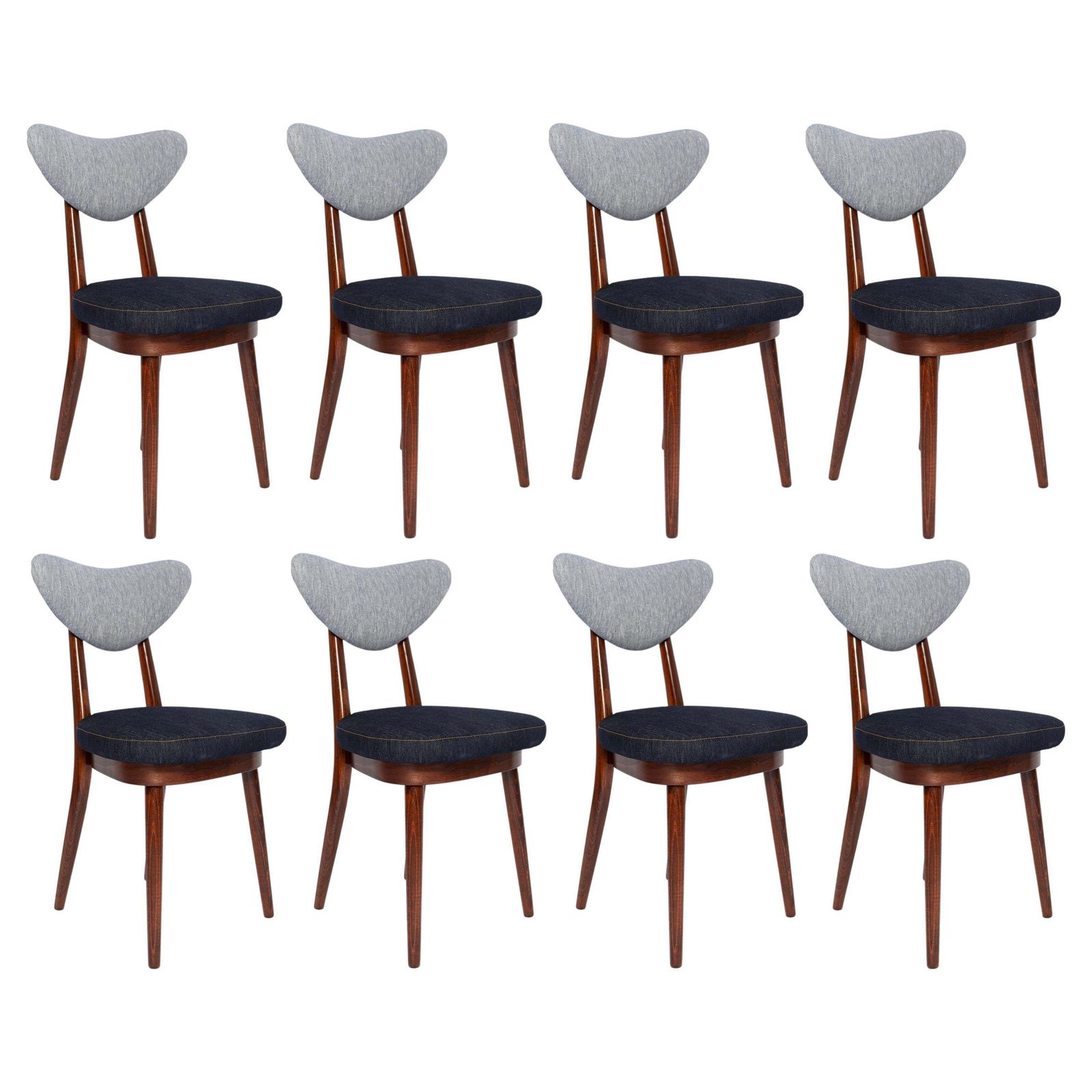 Set Of Eight Midcentury Light And Dark Blue Denim Heart Chairs, Europe, 1960s