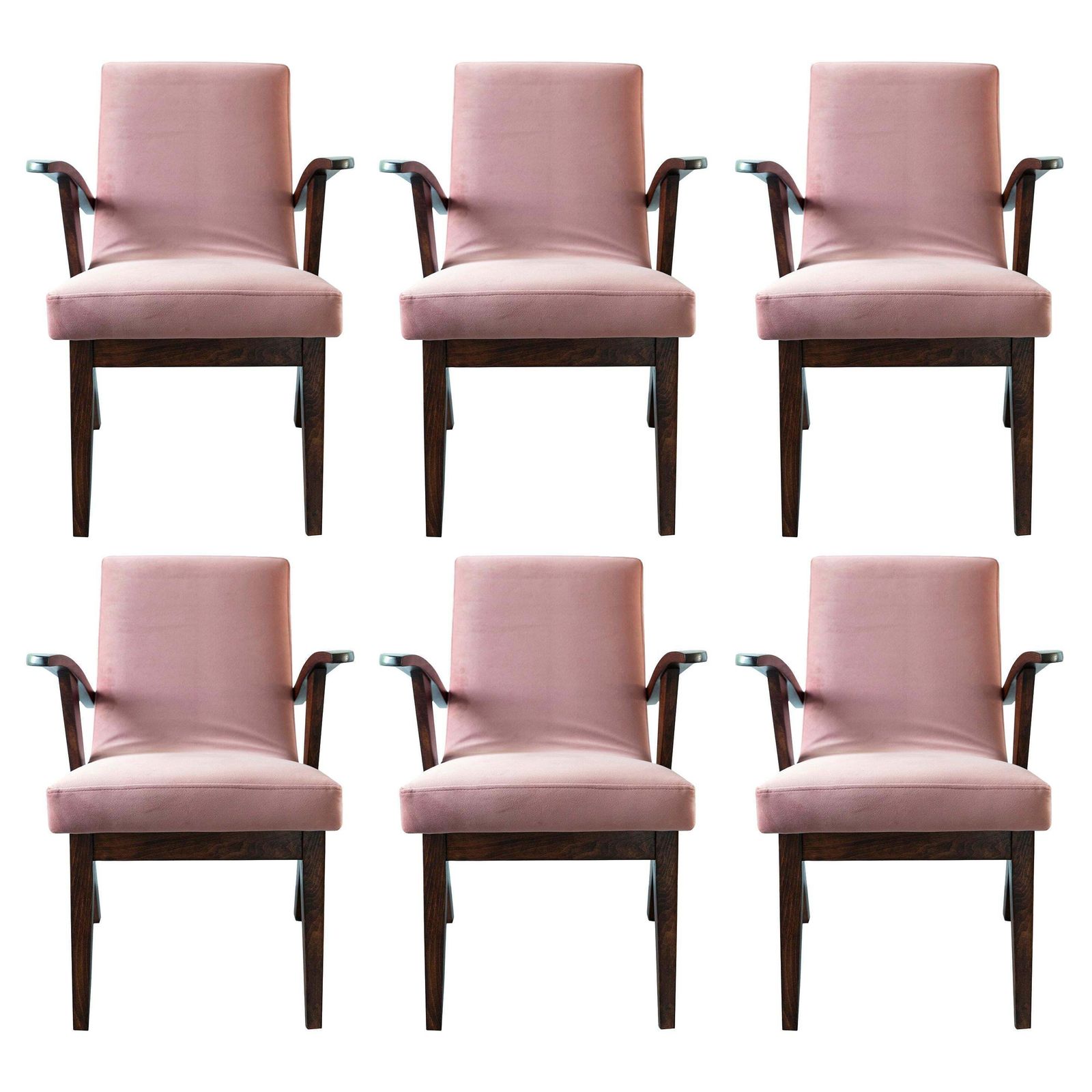Six 20th Century Armchairs In Dusty Pink Velvet By Mieczyslaw Puchala, 1960s