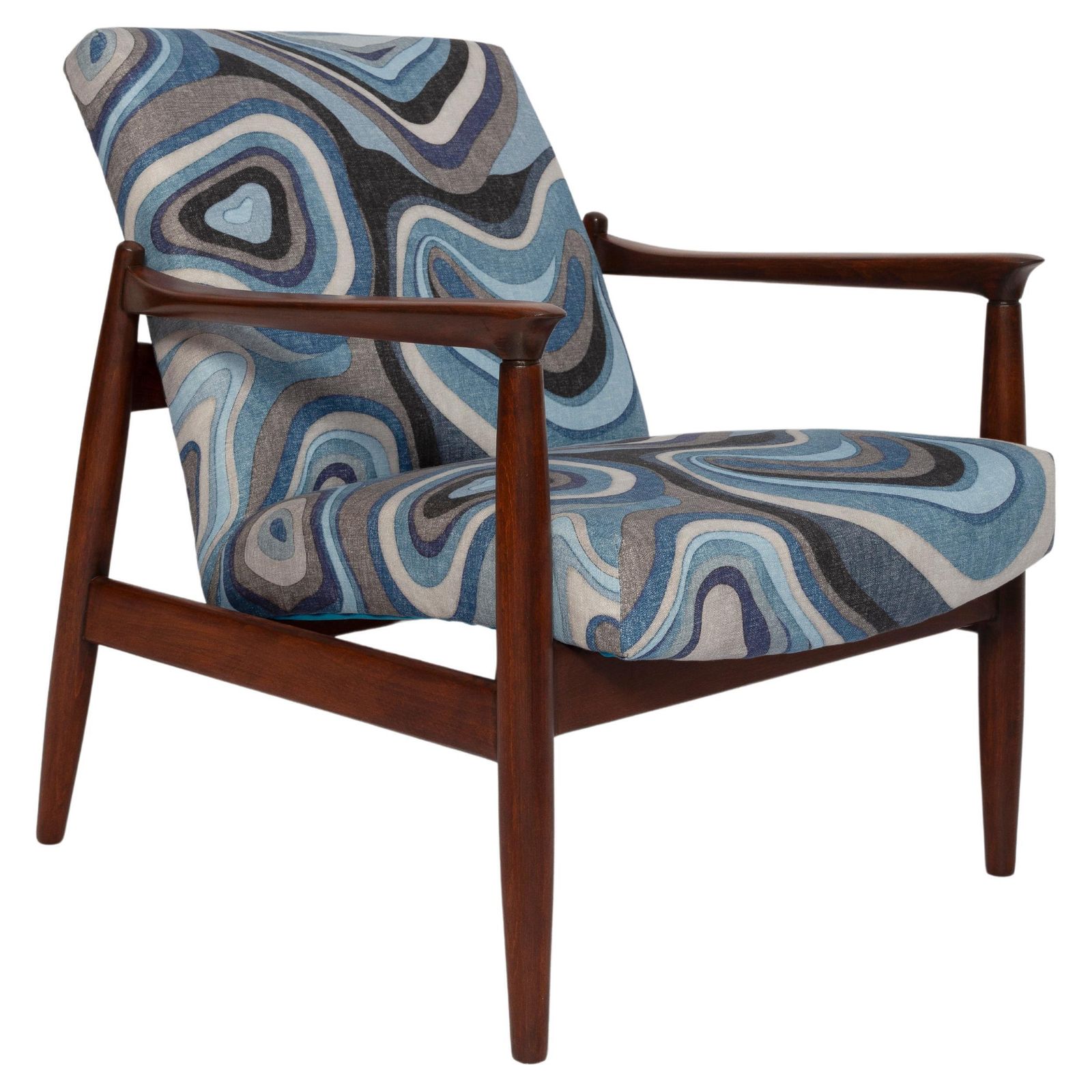 Mid Century Blue Linen Gfm 64 Armchair, Edmund Homa, Europe, 1960s