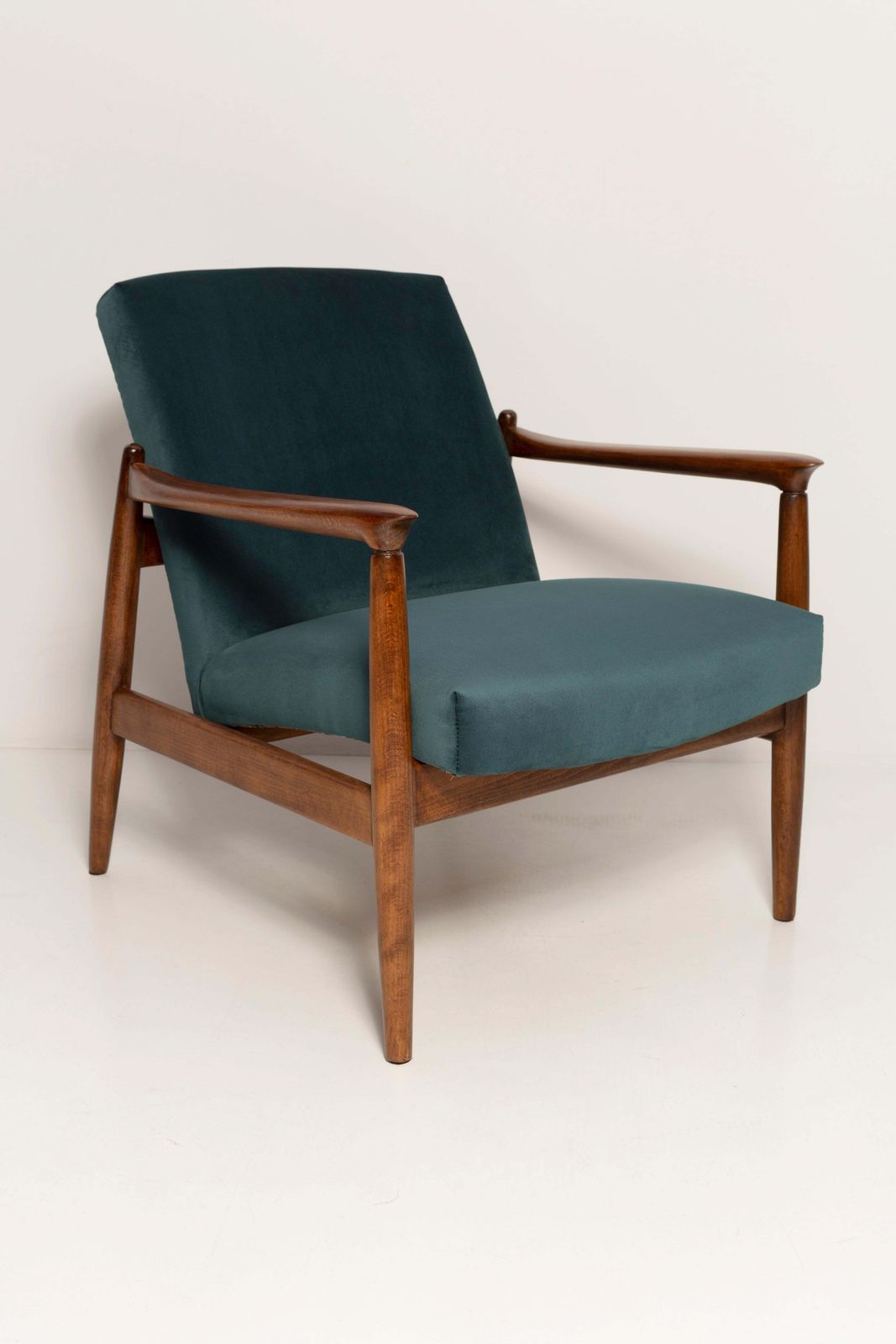 Midcentury Petrol Blue Velvet Armchair, Edmund Homa, Poland, 1960s photo 1361.0