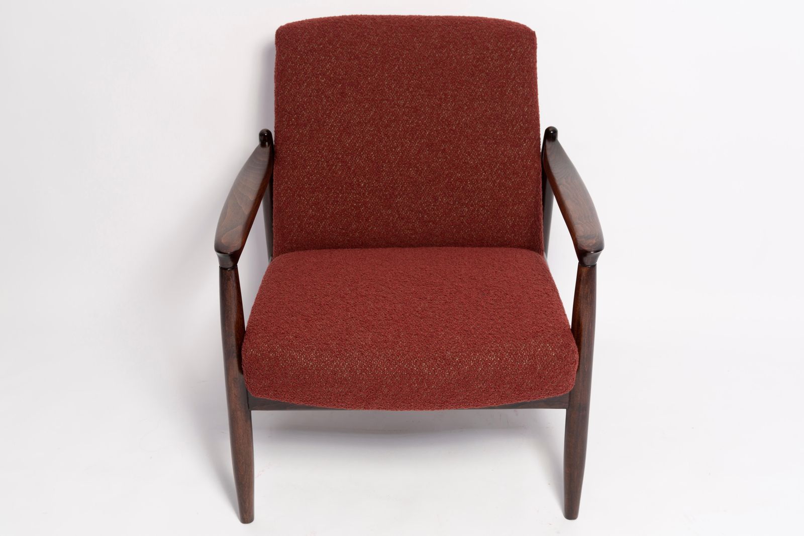 photo furniture Mid Century Burgundy Wine Boucle Gfm 64 Armchair, Edmund Homa, Europe, 1960s