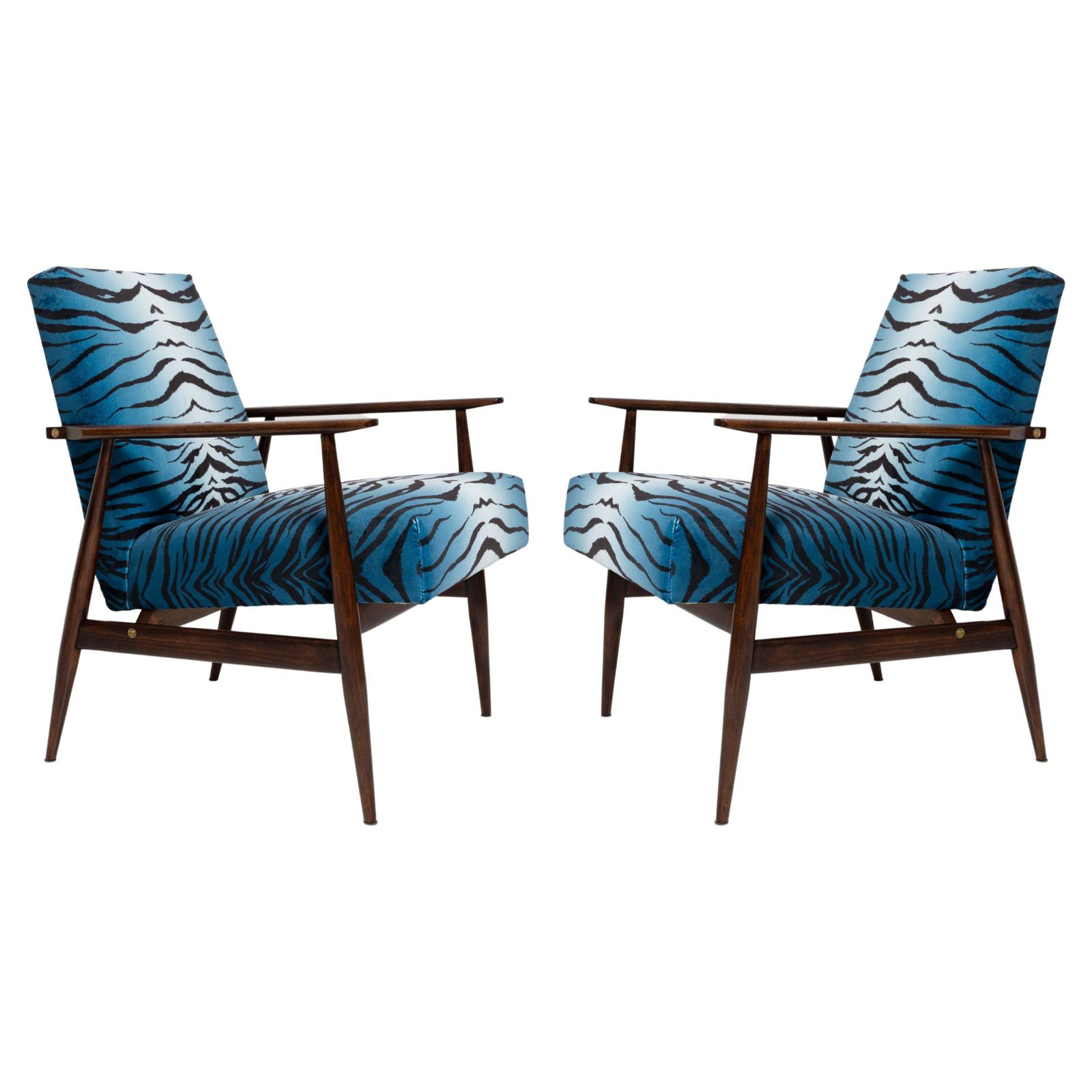 Set Of Two Midcentury Blue Zebra Print Velvet Dante Armchairs, H. Lis, 1960s