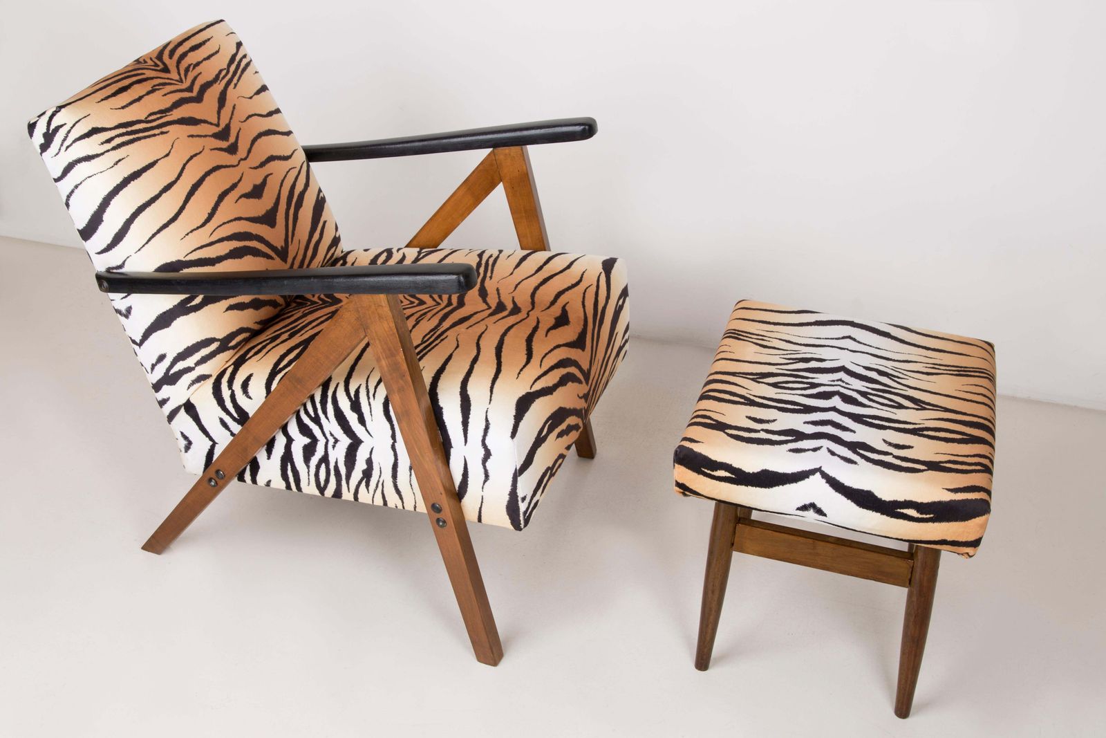 Mid Century Modern Tiger Print Armchair And Stool, 1960s, Germany photo for sale