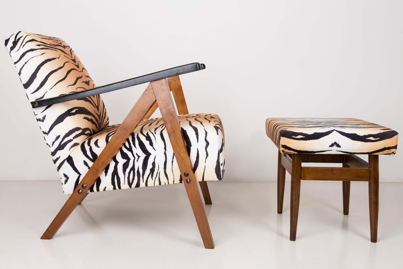 Mid Century Modern Tiger Print Armchair And Stool, 1960s, Germany photo Furniture