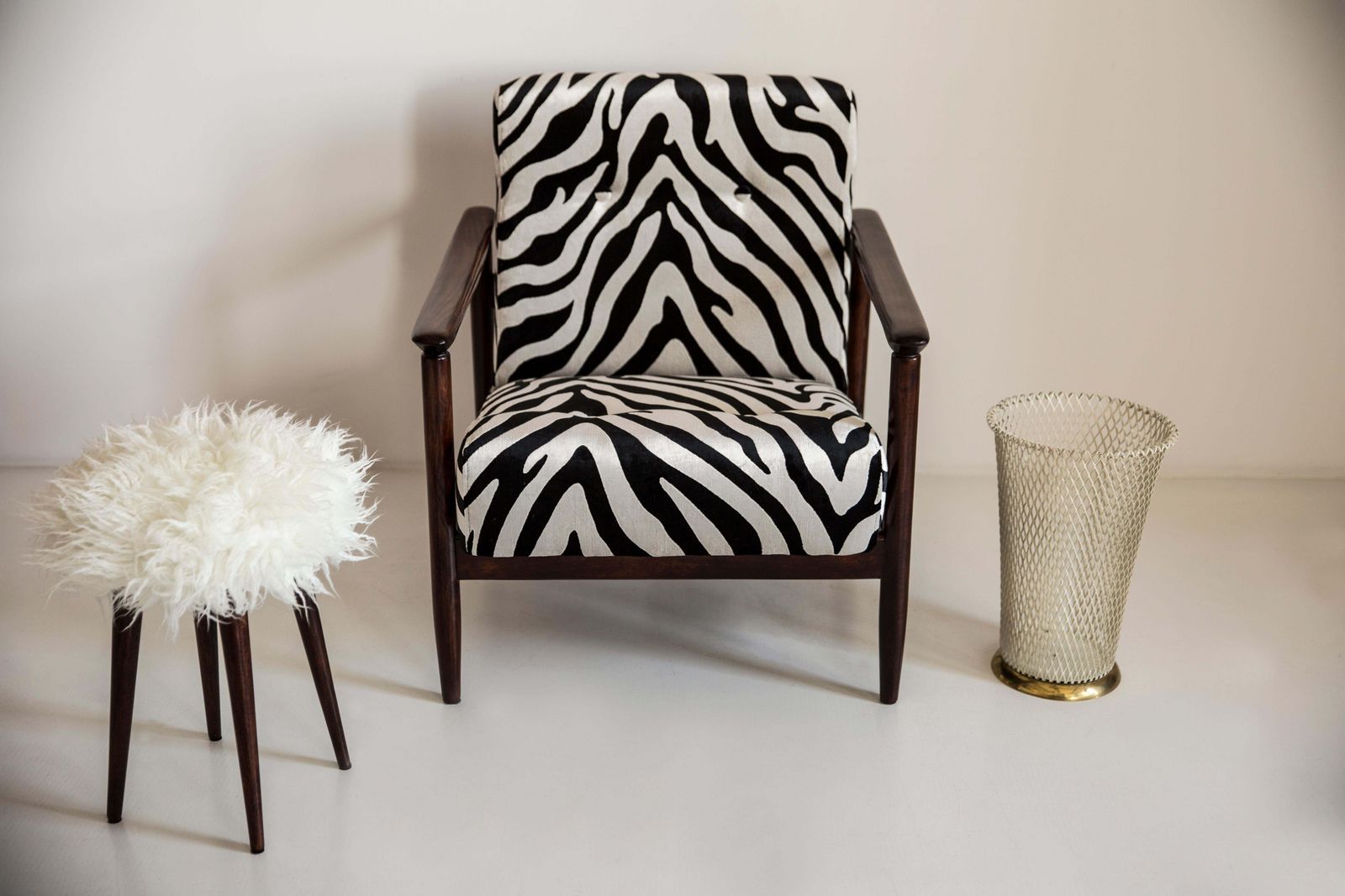 Pair Of Mid Century Alpaca White Faux Fur Stools, Europe, 1960s photo Furniture